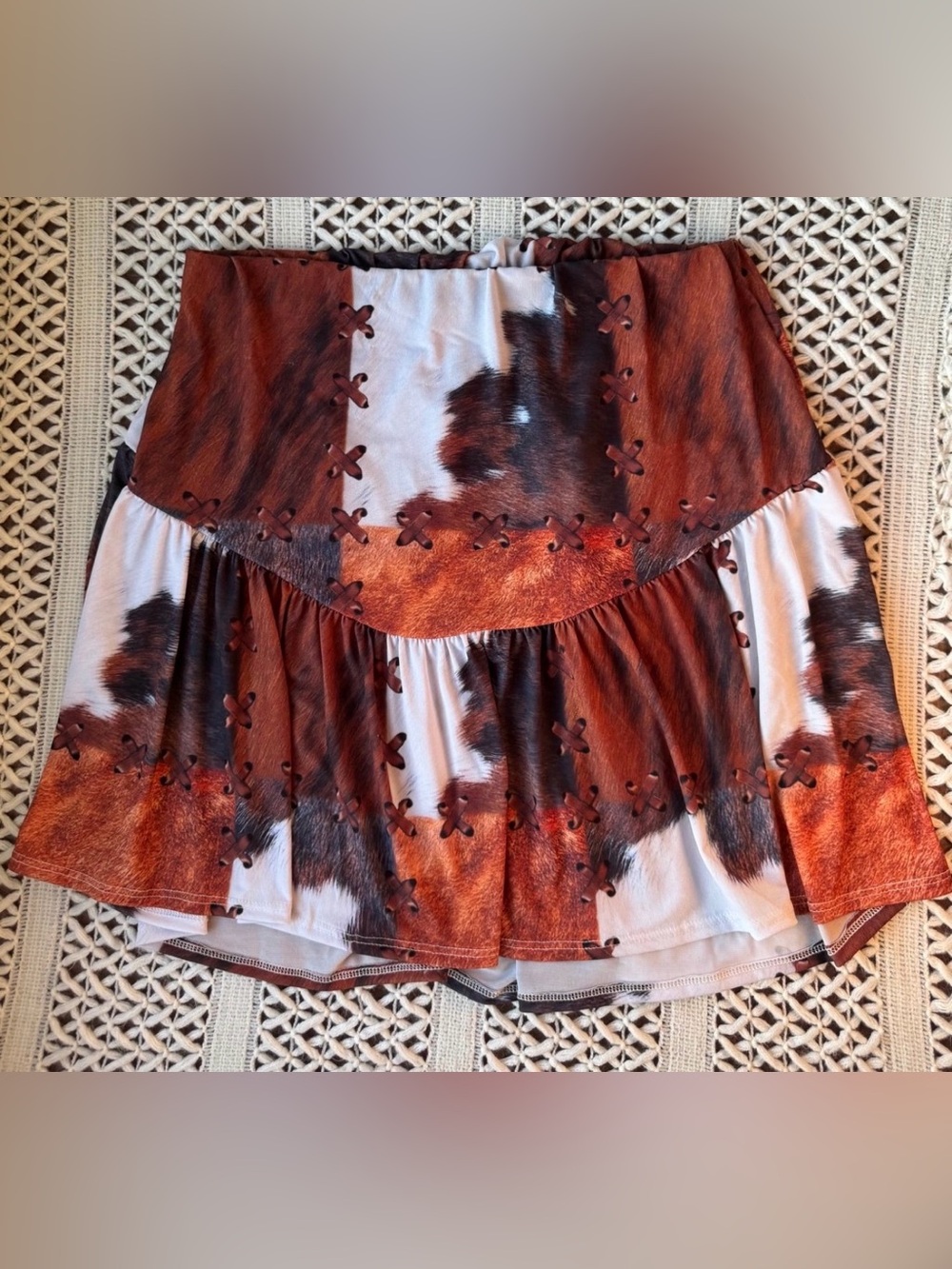 NWT Lucky & Blessed Cowhide Print Ruffle Mini Skirt Western